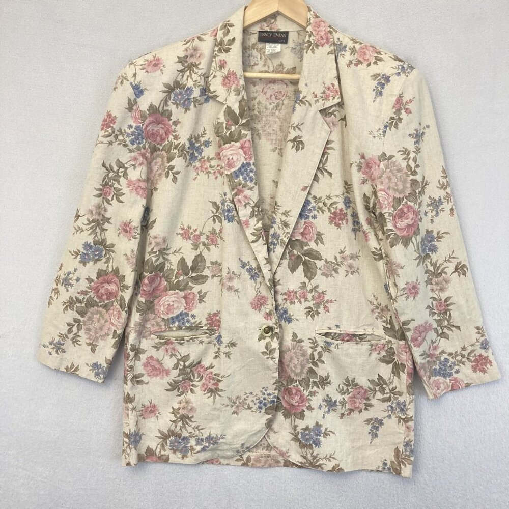 Vintage 90s Boxy Floral Flaxβ Linen Blazer Womens Medium Tracy Evans Jacket USA